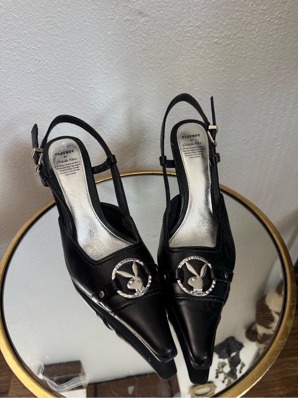 PLAYBOY Dolls Kill Black Pointed Slingback Heels with Silver Bunny Logo RARE
